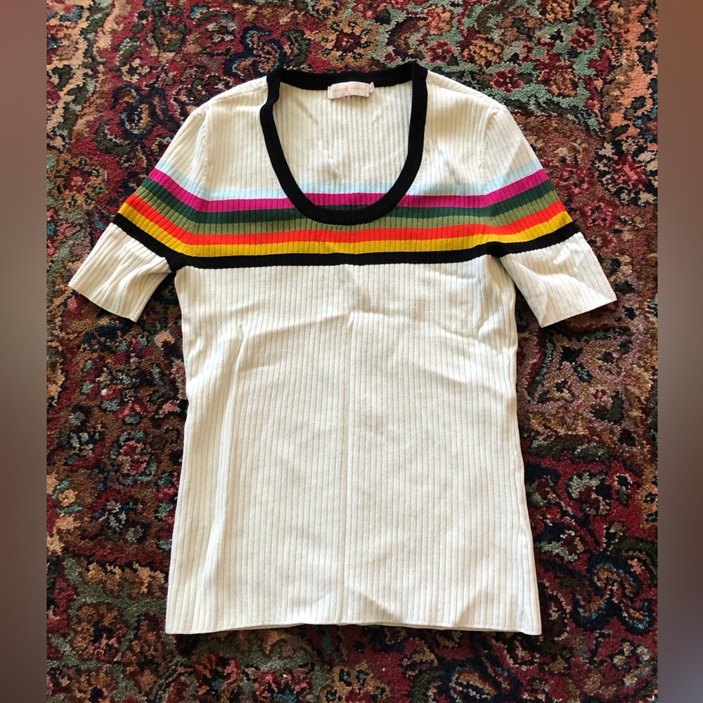 Tory Burch stretchy white and rainbow tee